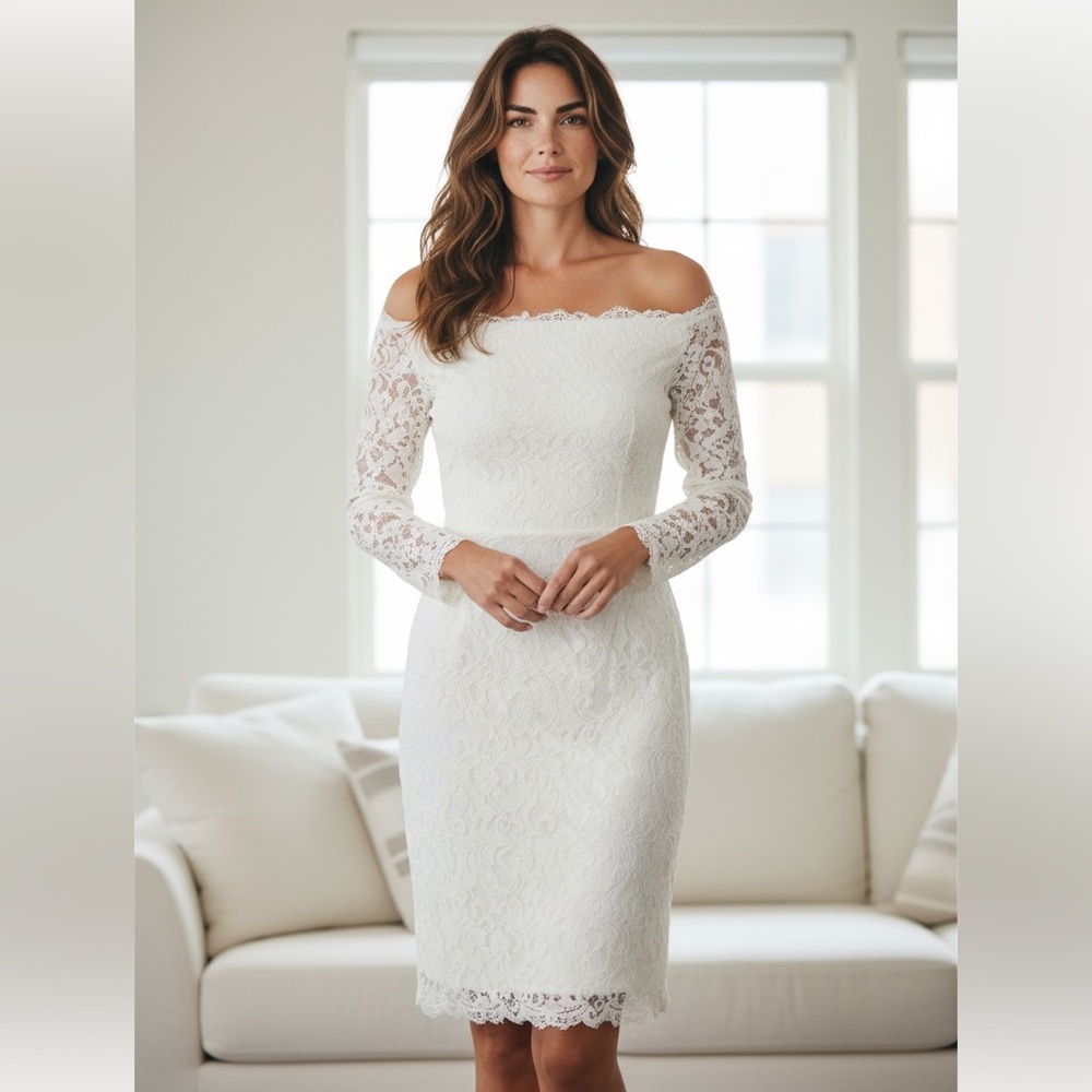 Bridal White Lace Off-Shoulder Dress With buttons and Zipper Back